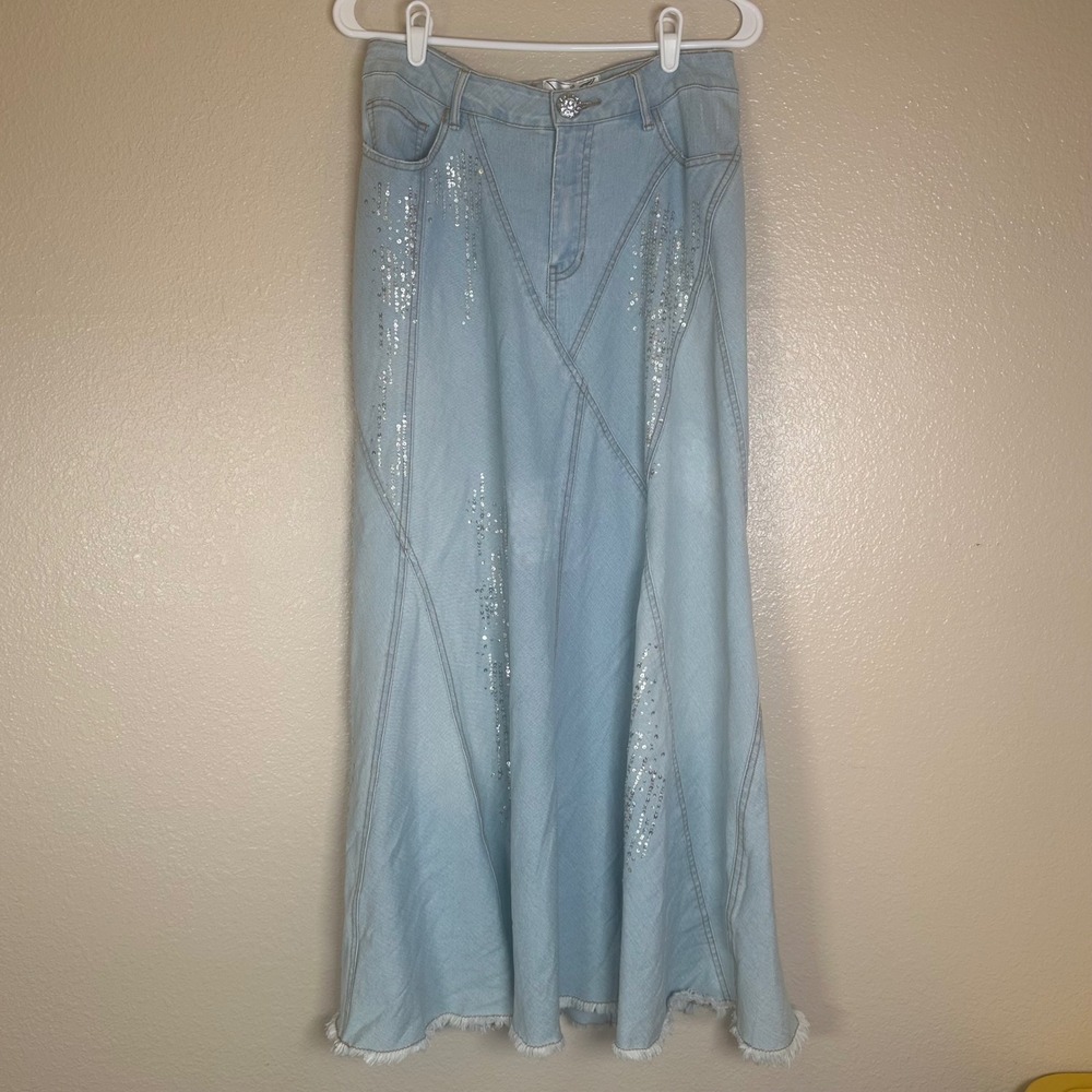 Vintage Light Wash Sequin Denim Maxi Skirt Paneled Frayed Hem Y2K Boho Women's